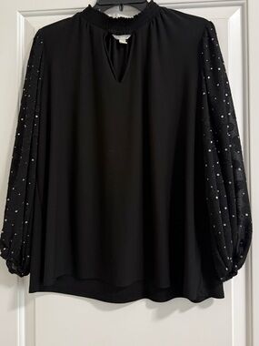 Black Blouse with Sheer Polka-Dot Puff Sleeves
